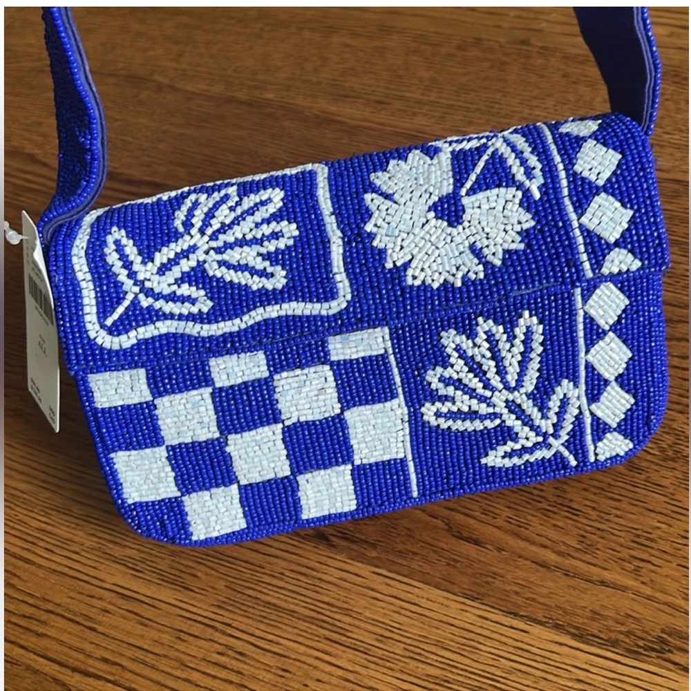 Anthropologie Fiona Bag. Blue and White Beaded Shoulder Bag